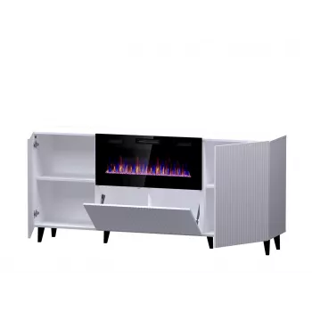 Kumode ar elektrisko kamīnu Cama Meble PAFOS, 180x42x82 cm, balts matēts, 1400–1600 W, bez rokturiem, 3 durvis, 2 plaukti