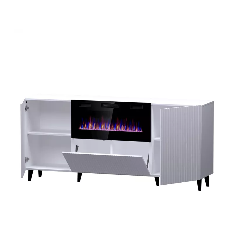 Kumode ar elektrisko kamīnu Cama Meble PAFOS, 180x42x82 cm, balts matēts, 1400–1600 W, bez rokturiem, 3 durvis, 2 plaukti
