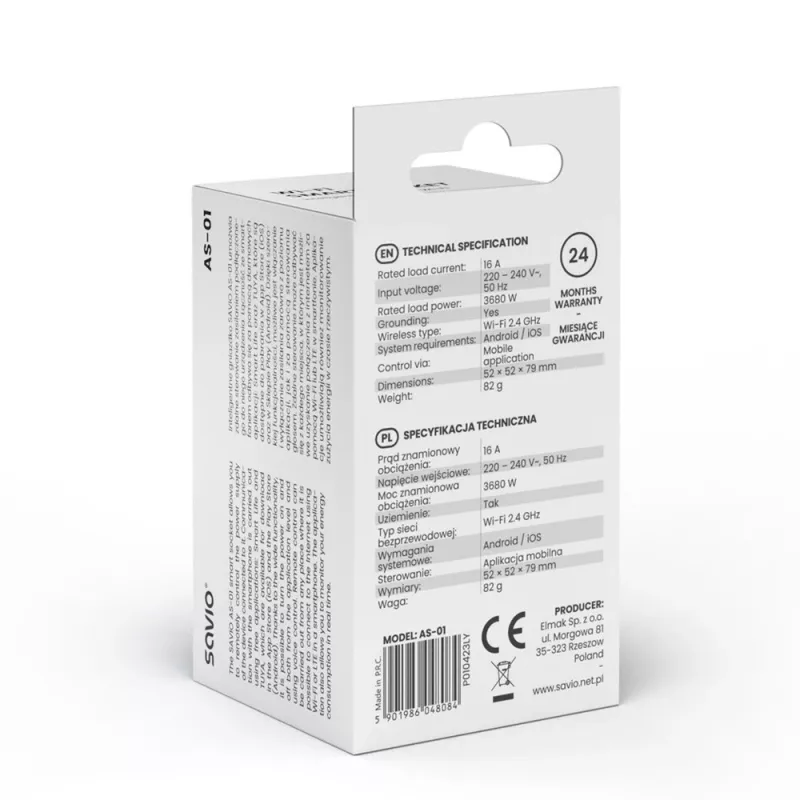 Viedā kontaktligzda SAVIO AS-01 16A Wi‑Fi 2,4 GHz, E/F tipa spraudnis, 220–240V, 3680W, balta