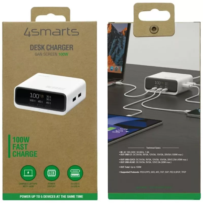 Uzlādes stacija Deck 100W GaN 3xUSB-C +2xUSB