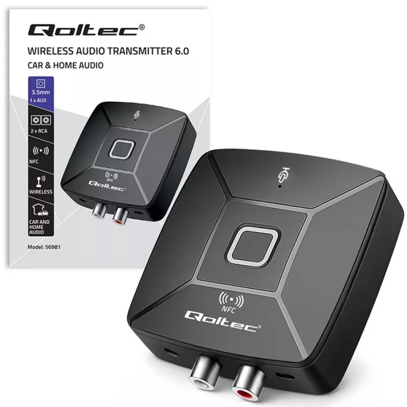 QOLTEC 56981 bezvadu Bluetooth audio raidītājs/uztvērējs ar NFC, AUX/RCA, melns