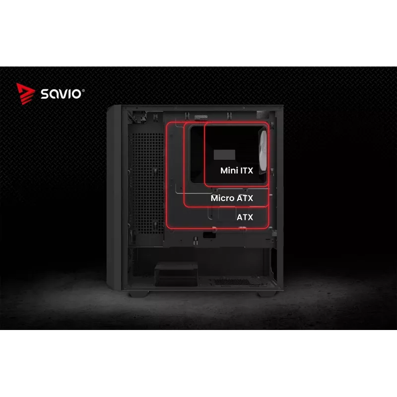 PC kuba korpuss SAVIO Noctis Glass RGB — Melns, ATX/Micro-ATX, 210×410×450 mm, 3×120 mm priekšējie ventilatori