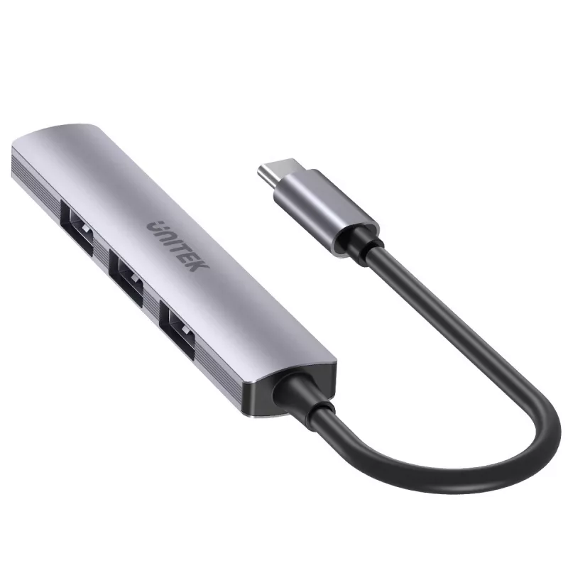 USB-C centrmezgls Unitek H1208B — 1x USB-A 5 Gbps, 3x USB-A 2.0, USB-C saimniekdators, alumīnija korpuss, 0,20 m kabelis