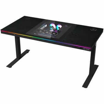 Divmotoru sēdvietas/stāvēšanas regulējama augstuma spēļu galds ar iebūvētu datora korpusu, bezvadu lādētāju, RGB apgaismojumu, vadības paneli un USB pieslēgvietām, PB melamīna virsma, melns.