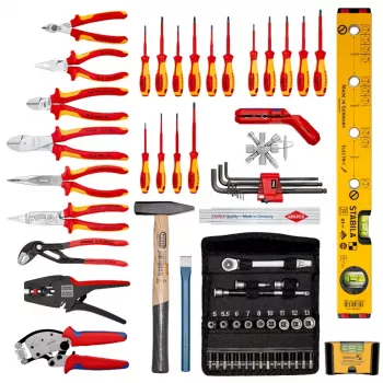 Mehānikas instrumentu komplekts Knipex 00 21 06 — 68 instrumenti, ietver adatdeguna un ūdenssūkņa knaibles, sarkani/dzelteni instrumenti, melns futrālis (515×438×265 mm)