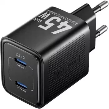 Vention FEFB0-EU 45W iekštelpu maiņstrāvas ātrais lādētājs 2× USB-C — viedtālrunim, klēpjdatoram, planšetdatoram, viedpulkstenim, austiņām (melns)