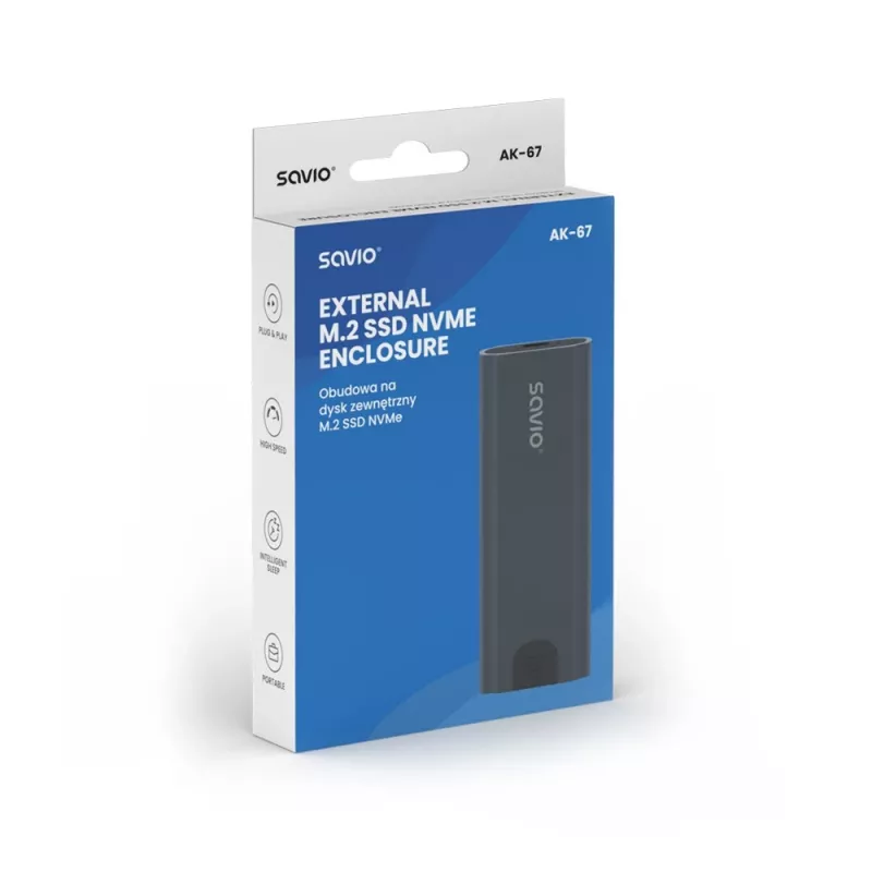 M.2 SSD korpuss SAVIO AK-67 pelēks, USB 10 Gbit/s, atbalsta vienu M.2 disku