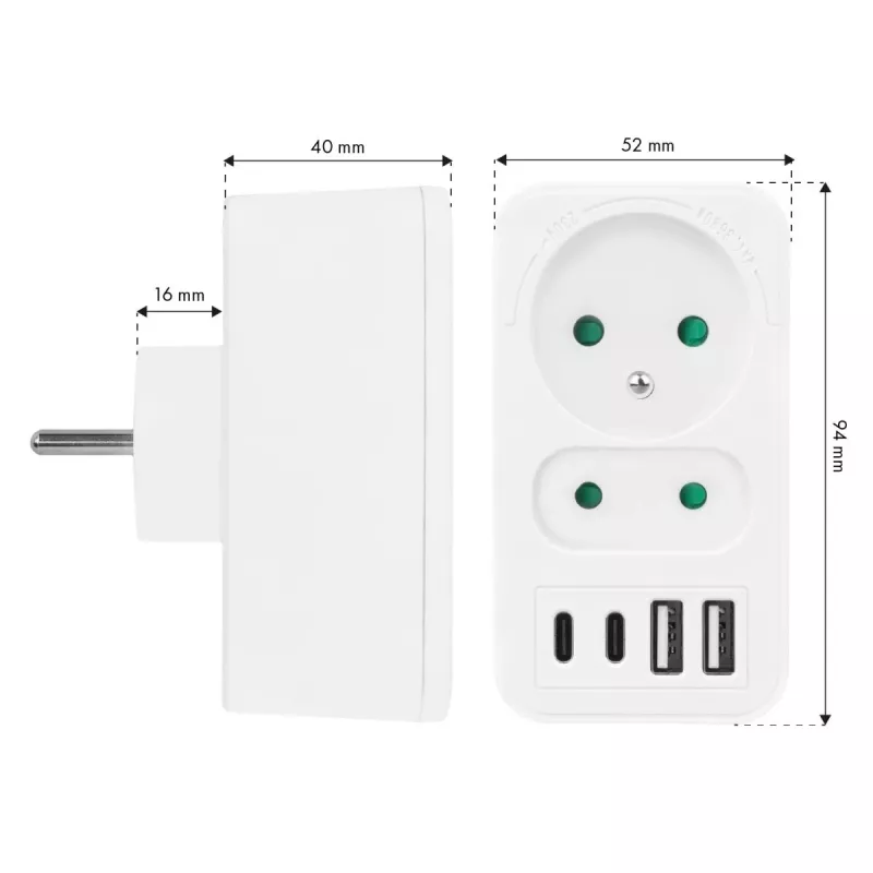 Strāvas sadalītājs MACLEAN MCE249 F/W — 2x elektrotīkla rozetes (16A + 6A) un 4x USB (2x A, 2x C PD 20W)