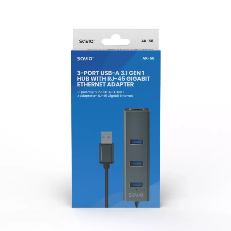 SAVIO USB-A centrmezgls ar RJ-45 Gigabit Ethernet AK-57 — 3× USB-A + RJ-45, USB 3.2 Gen 1 Micro‑B resursdators, 5 Gbit/s, 4 porti, pelēks