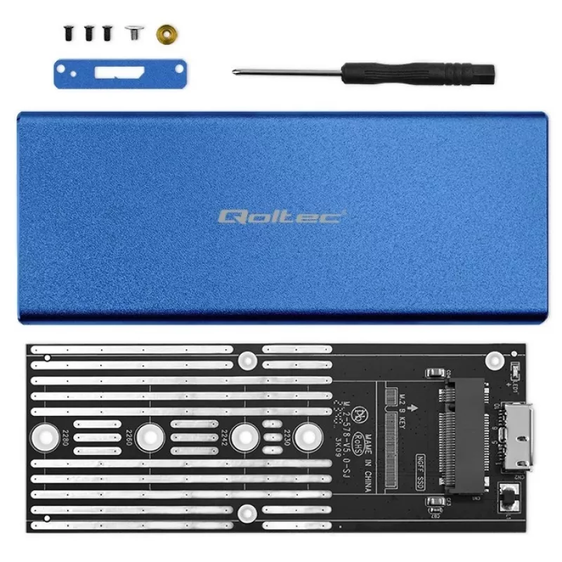 SSD korpuss QOLTEC 51832 — ārējais M.2 SATA, USB 3.0, līdz 2TB, zils, atbalsta 30 mm diskus, 4 sloti