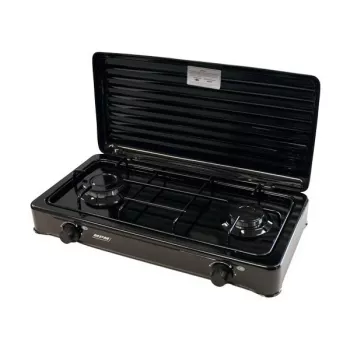 Mpm Kn-02/1kb portatīvā gāzes plīts kempingam ar 2 degļiem, emaljētu režģi, aizsargvāku, standarta G30-37 Mbar, melna
