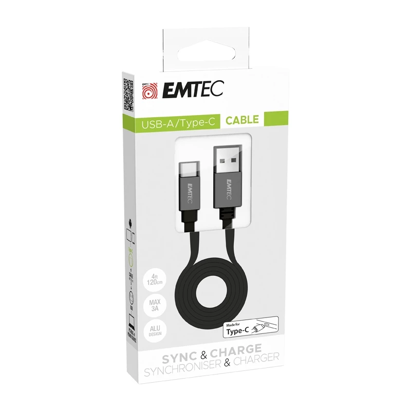 USB kabelis Emtec T700C 1,2m USB A uz USB C melns