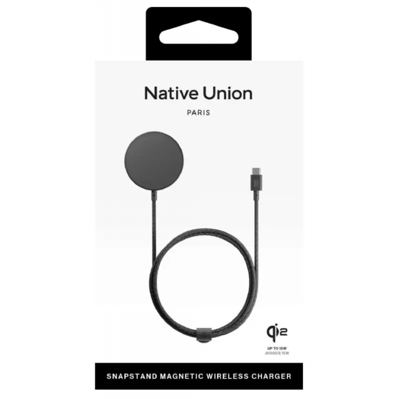 Bezvadu statīvu lādētājs native union Snapstand Qi2 USB 1,5 m kabelis Melns