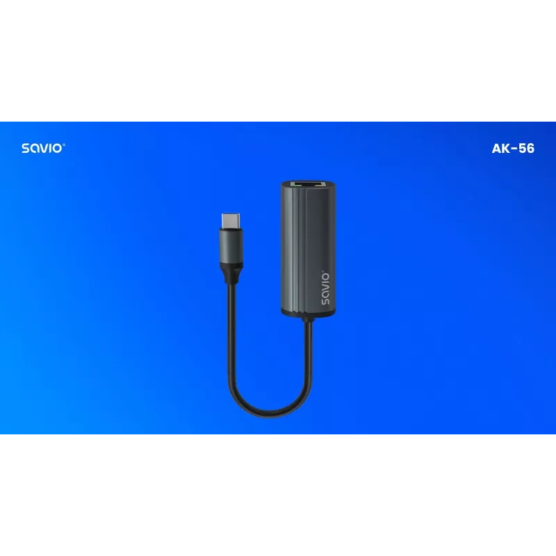 SAVIO Adapter USB-C 3.1 Gen.1 (M) uz RJ-45 Gigabit Ethernet (F), 1000 Mbps, AK-56, pelēks