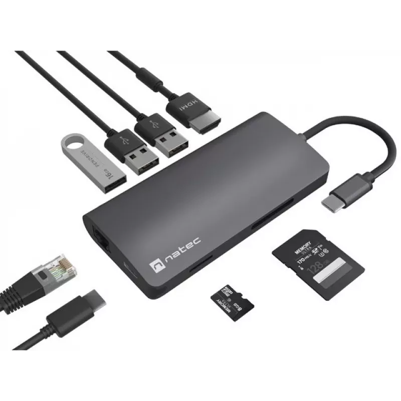 Dokstacija NATEC NMP-2162 USB 3.2 Gen 1 Type-C pelēka, vadu