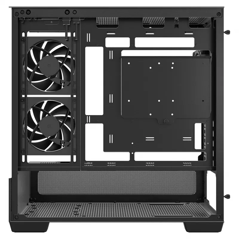 PC Midi Tower DeepCool CG380 3F — Melna, 235×437×451 mm, 2x120 mm sānu + 1x120 mm aizmugurējie ventilatori, apakšējais barošanas bloks, 2,5 collu/3,5 collu HDD