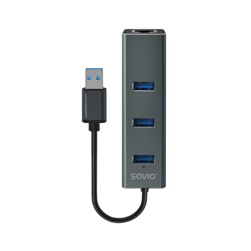 SAVIO USB-A centrmezgls ar RJ-45 Gigabit Ethernet AK-57 — 3× USB-A + RJ-45, USB 3.2 Gen 1 Micro‑B resursdators, 5 Gbit/s, 4 porti, pelēks