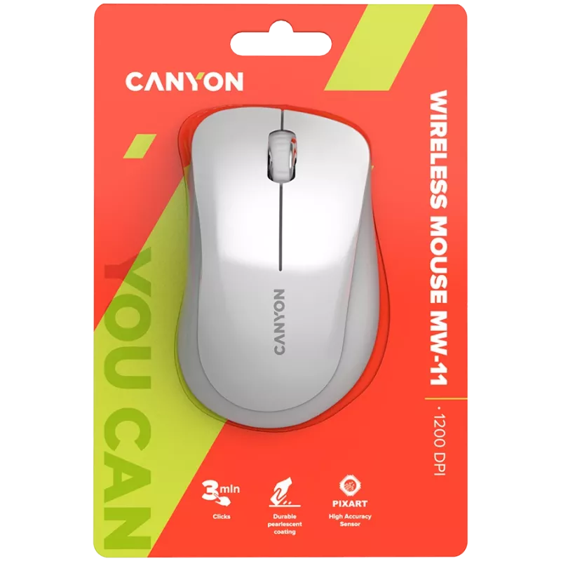 CANYON MW-11, 2,4 GHz bezvadu pele, 3 pogas, 1200 DPI, baterija: AAA*2 gab., perlamutra balta pelēka, 67*109*38 mm, 0,063 kg