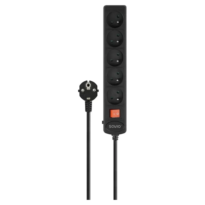 Strāvas pagarinātājs SAVIO LZ-18 — 5 m kabelis, 5 maiņstrāvas rozetes, iekštelpām, melns, 10 A, 50 Hz