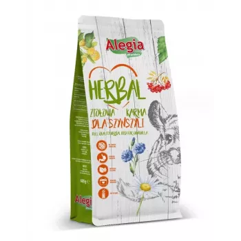 Sausā barība Alegia Herbal šinšillām 600 g — pilnvērtīga pieaugušu šinšillu barība, bez graudiem, bez lipekļa, ar augļu garšu