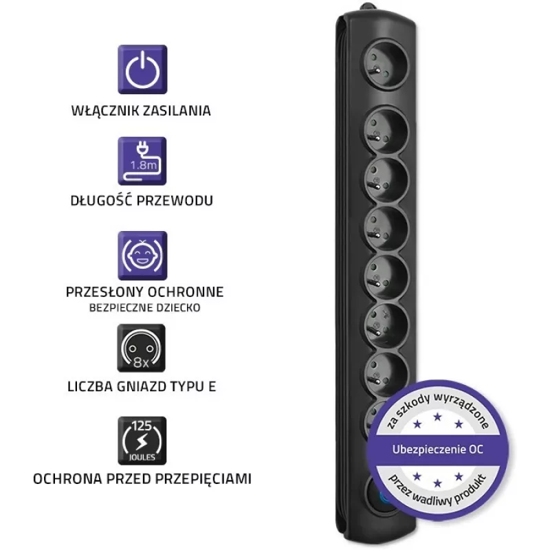 Pārsprieguma aizsargs Qoltec 50113 Melns 8 maiņstrāvas ligzdas 230 V 1,8 m