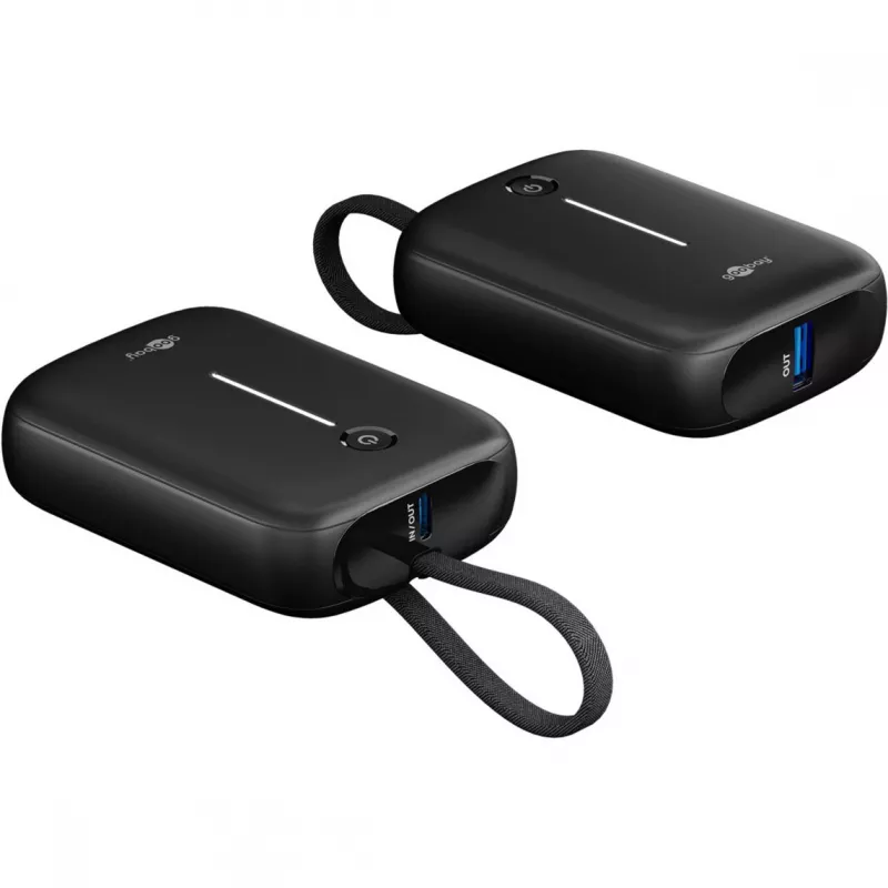 Pārnēsājams ārējais akumulators Goobay 10 000 mAh ar iebūvētu USB-C kabeli — 20 W kompakts ceļojumiem (76251)