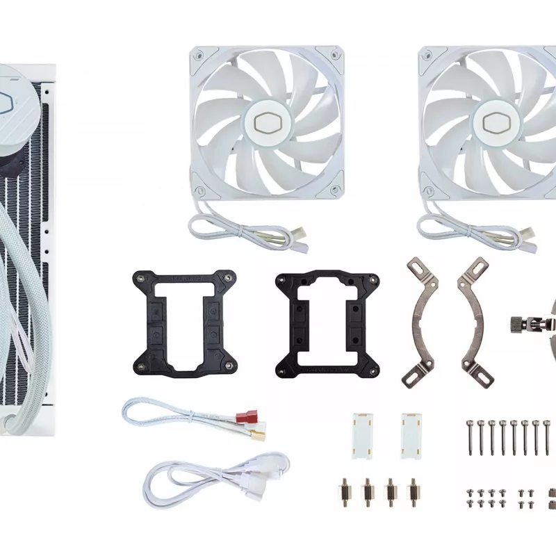 Šķidruma dzesēšanas komplekts Cooler Master MasterLiquid 240L Core ARGB balta — 240 mm radiators, 120 mm ventilatori, atbalsta LGA1700/AM5/AM4 un vecākas ligzdas