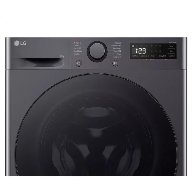 Veļas mazgājamā mašīna LG F2WR508S2M — ar priekšējo ielādi, 8 kg, 1200 apgr./min, A efektivitātes klase, 60×48 cm, LED, vidēji melna