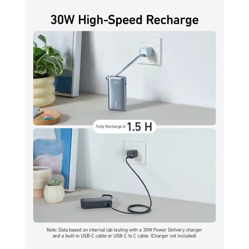 Powerbank 545 NANO 30W 10000mAh ar iebūvētu USB-C kabeli, melns