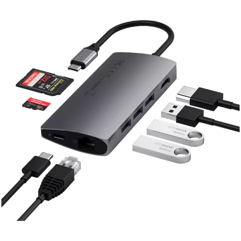 Satechi Aluminium Adapter V2 USB-C (USB-C, 3x USB-A, 4K HDMI, SD/microSD karšu lasītājs, Ethernet) (zvaigžņu pelēks)