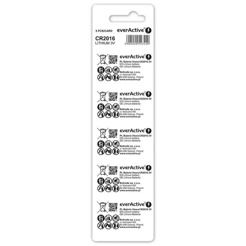 Litija baterijas Mini CR2016 blisteris 5 gab. – Baterija – CR2016 (CR20165BL) – Everactive