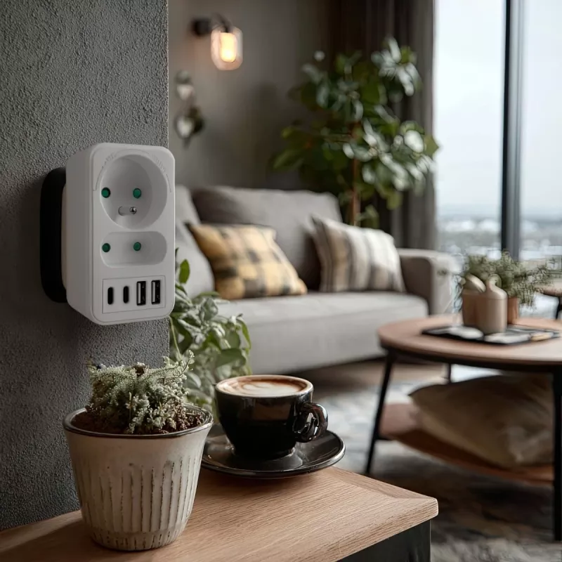 Strāvas sadalītājs MACLEAN MCE249 F/W — 2x elektrotīkla rozetes (16A + 6A) un 4x USB (2x A, 2x C PD 20W)