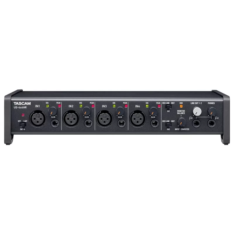 Audio interfeiss Tascam US-4X4HR – 4x XLR combo, 4 analogās izejas, 56 dB mikrofona priekšpastiprinātājs, 192 kHz, USB 2.0, darbvirsmas, melns