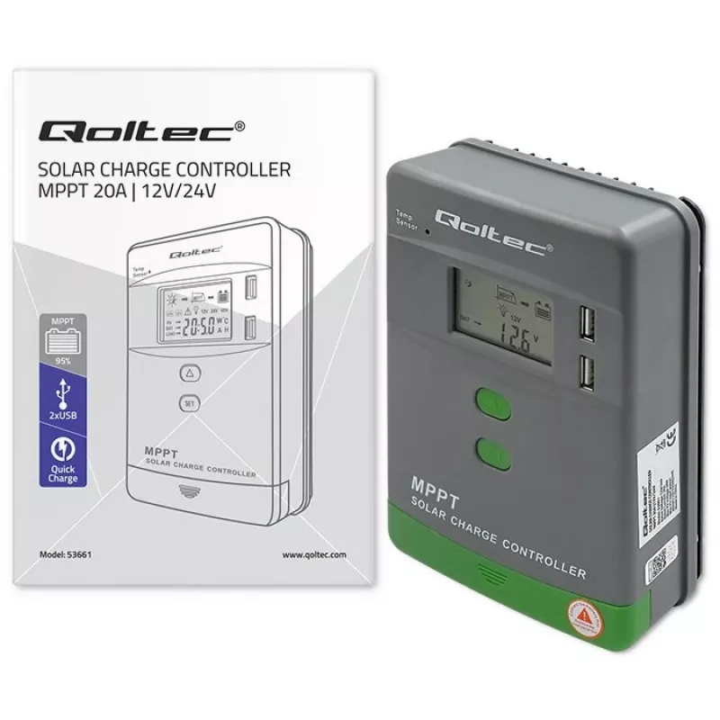 Qoltec, saules MPPT lādēšanas kontrolieris ar temperatūras sensoru 20A 12V/24V Displejs LCD 2 X USB