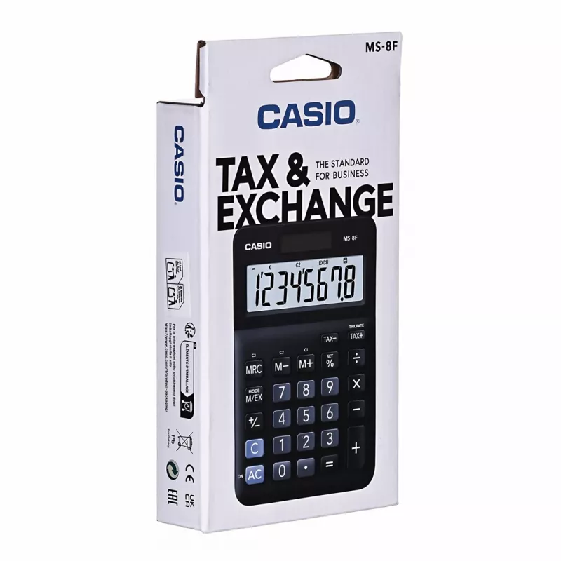 Galda pamata kalkulators CASIO MS-8F – 8 ciparu, baterija/saules, 26 taustiņi, valūtas un nodokļu funkcijas, peļņas aprēķins, melns