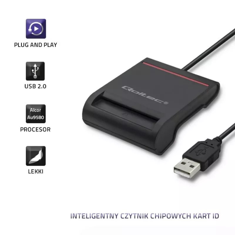 ID karšu lasītājs QOLTEC Smart chip ID card scanner — USB, melns, 84.5×65×16 mm, 63 g