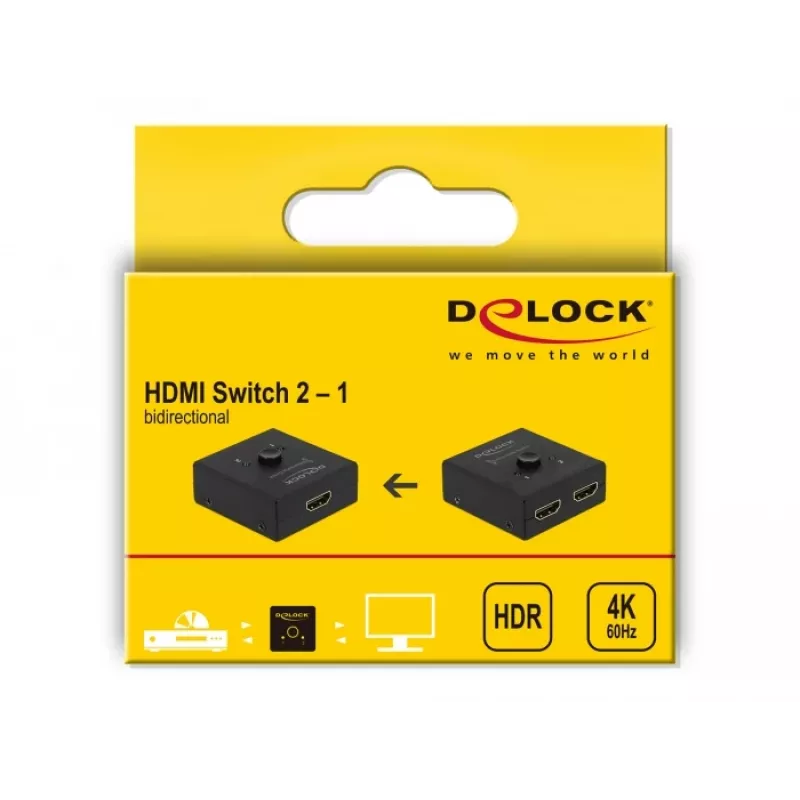 DeLock HDMI 2 - 1 divvirzienu 4K 60 Hz kompakts - Mazumtirdzniecības iepakojums - Video/Audio pārslēdzējs - 2 x HDMI - Galddatoram (64072)