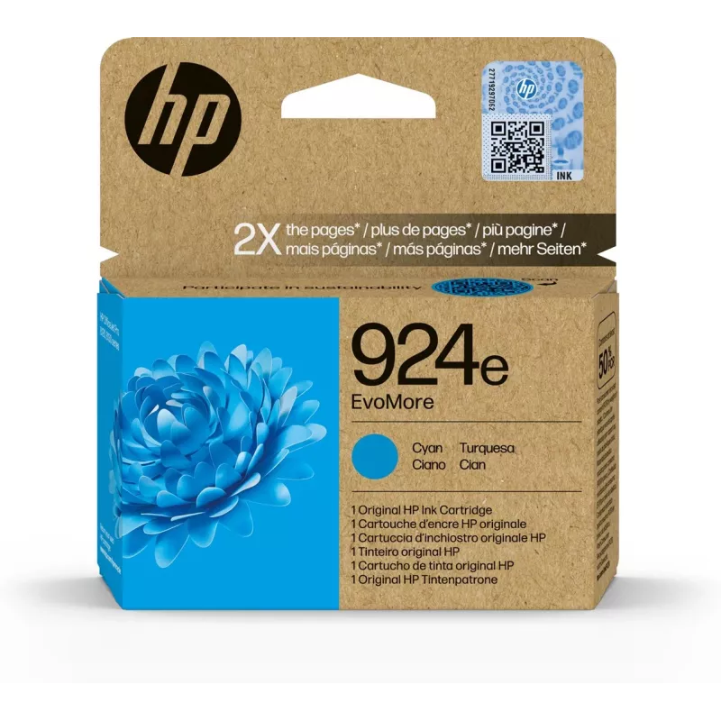 HP 924e EvoMore Cyan oriģinālā tintes kasetne, augstas (XL) ietilpības, ciāna, 1 gab., 800 lapas, viena iepakojumā