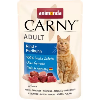 Slapjā kaķu barība animonda Carny Adult liellopu gaļa un pērļu vistiņa 85 g paciņā, bez graudiem, bez glutēna un bez cukura