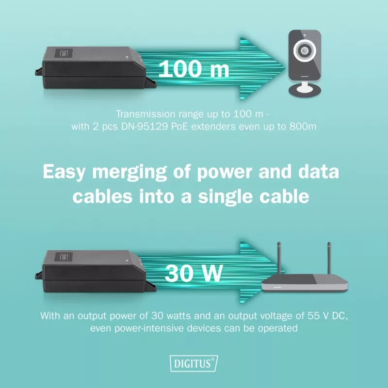 Digitus Gigabit Ethernet PoE+ ievadītājs 802.3at 30 W melns