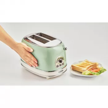 Ariete 155 Design 2 Slice Toaster ar sviestmaižu turētājiem, 6 grauzdēšanas līmeņi, 810 W, nerūsējošā tērauda korpuss, noņemama drupatu paplāte, pasteļzaļš