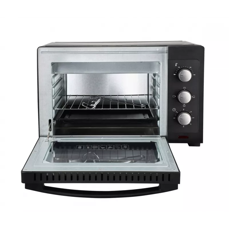 Mini krāsns ESPERANZA EKO008N — 20 L, 1280–1300 W, līdz 230°C, 60 min mehāniskais taimeris, rotācijas vadības pogas, stikla durvis, brīvi stāvoša