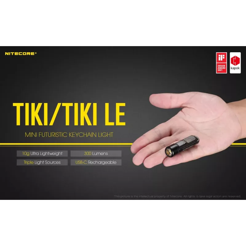Rokas lukturītis Nitecore TIKI LE — 300 lm, uzlādējams ar USB, polikarbonāts, IP66, triecienizturīgs, 10,5 g, 55 mm, Melns