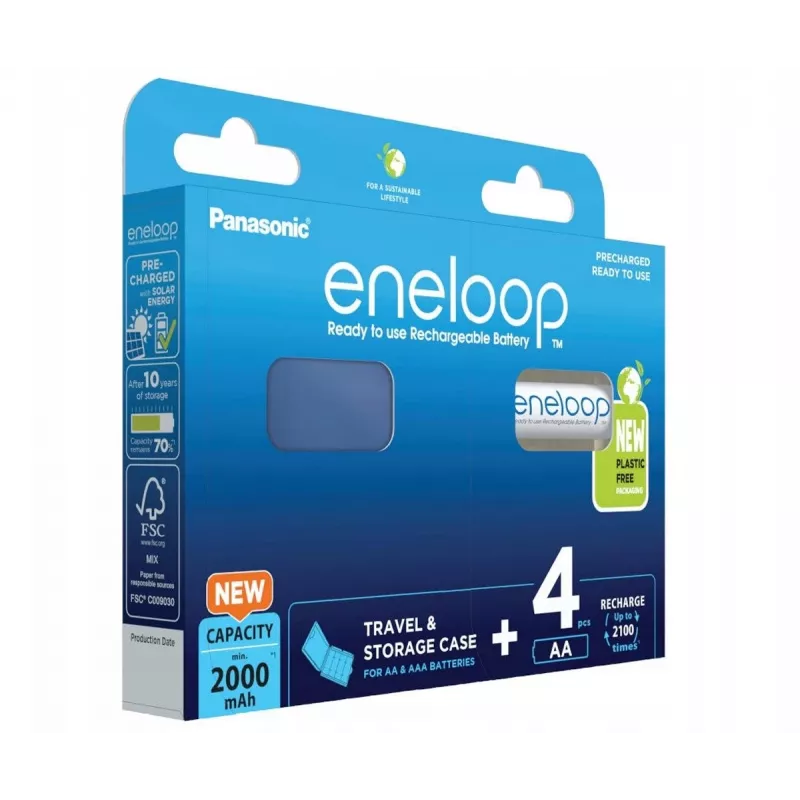 Uzlādējamās baterijas PANASONIC ENELOOP AA 2000 mAh 4 gab. + maciņš (BK-3MCDE/4CP+CASE)