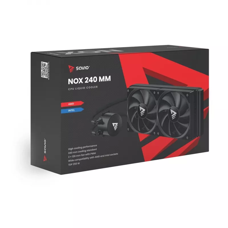 Šķidruma dzesēšanas komplekts SAVIO NOX 240 mm — 240 mm radiators, 2×120 mm ventilatori, alumīnija radiators, vara pamatplāksne, atbalsta LGA 2011/2011-v3/2066/1200/115x/775