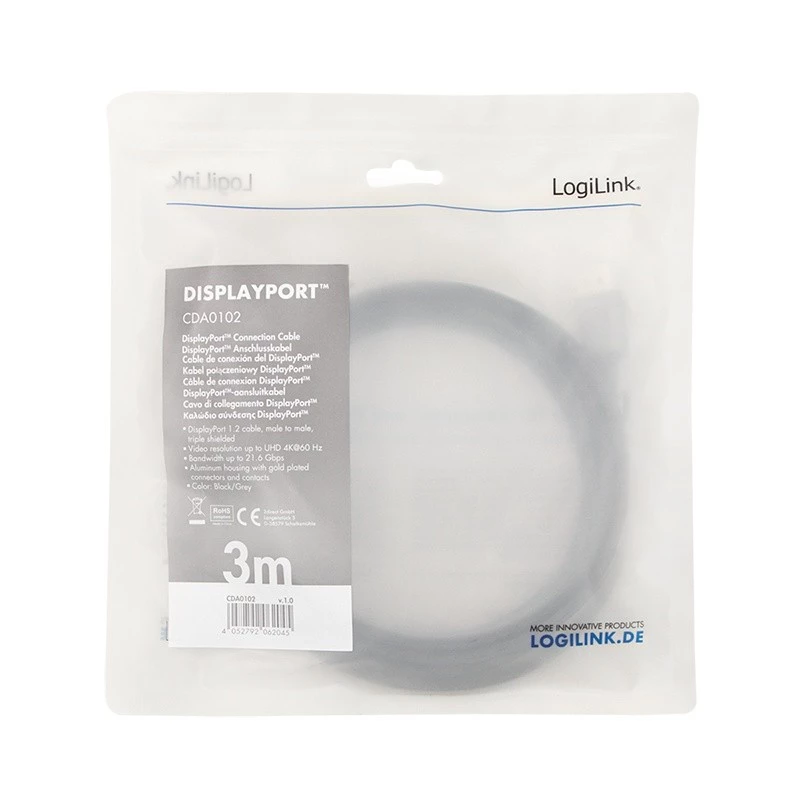 DisplayPort kabelis LogiLink CDA0102 3 m Pelēks Melns