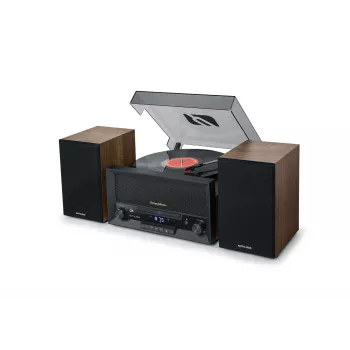 Mājas audio midi sistēma muse MT-120 MB — 20W RMS, 2 ceļu skaļruņi, maiņstrāva 100–240V 50/60Hz, melns/caurspīdīgs/koka