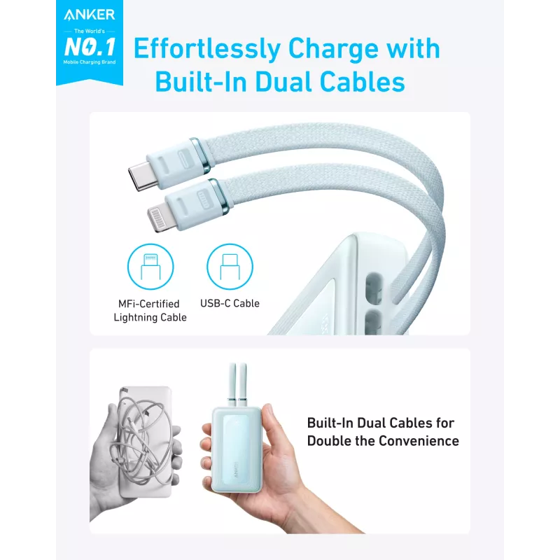 Anker Power Bank ar iebūvētu USB-C un Lightning kabeli | A1680031 | 10000 mAh | 30W | Zils