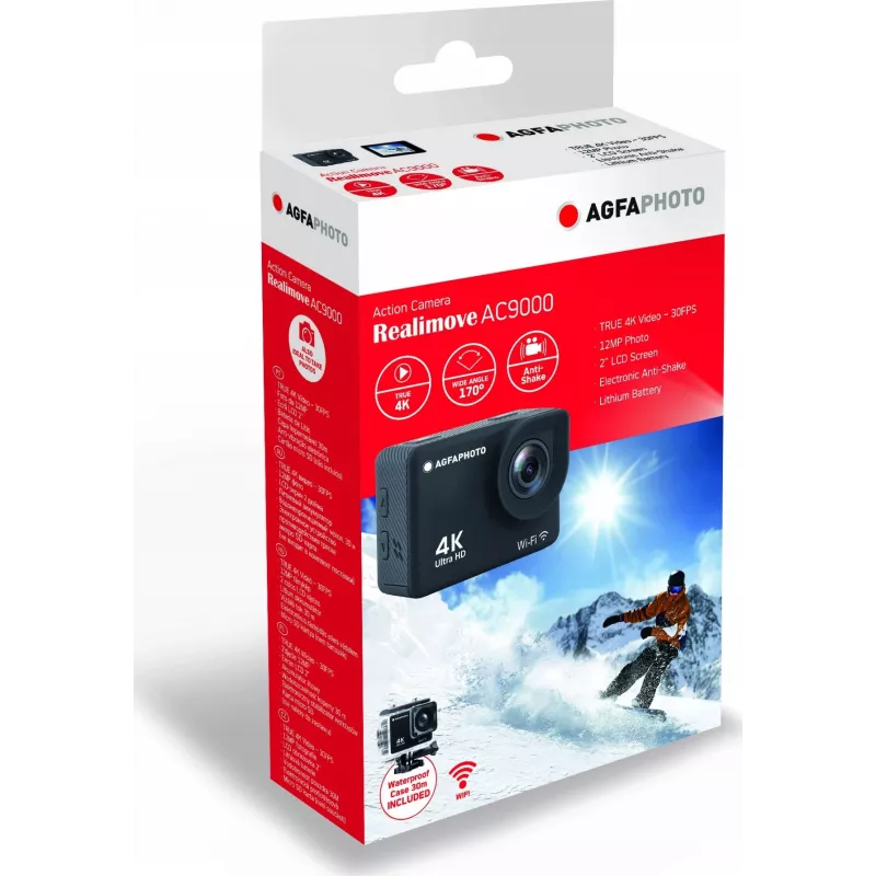 AgfaPhoto Action Cam Action Cam 4K, ūdensizturīga, Wi-Fi, lēna kustība/laika intervāls (AC9000BK)