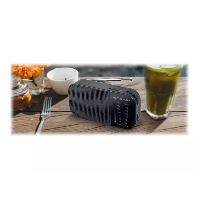 Pārnēsājams radio Muse M-025 R — MW/FM, melns, ar bateriju darbināms, kompakts (32×130×70 mm)
